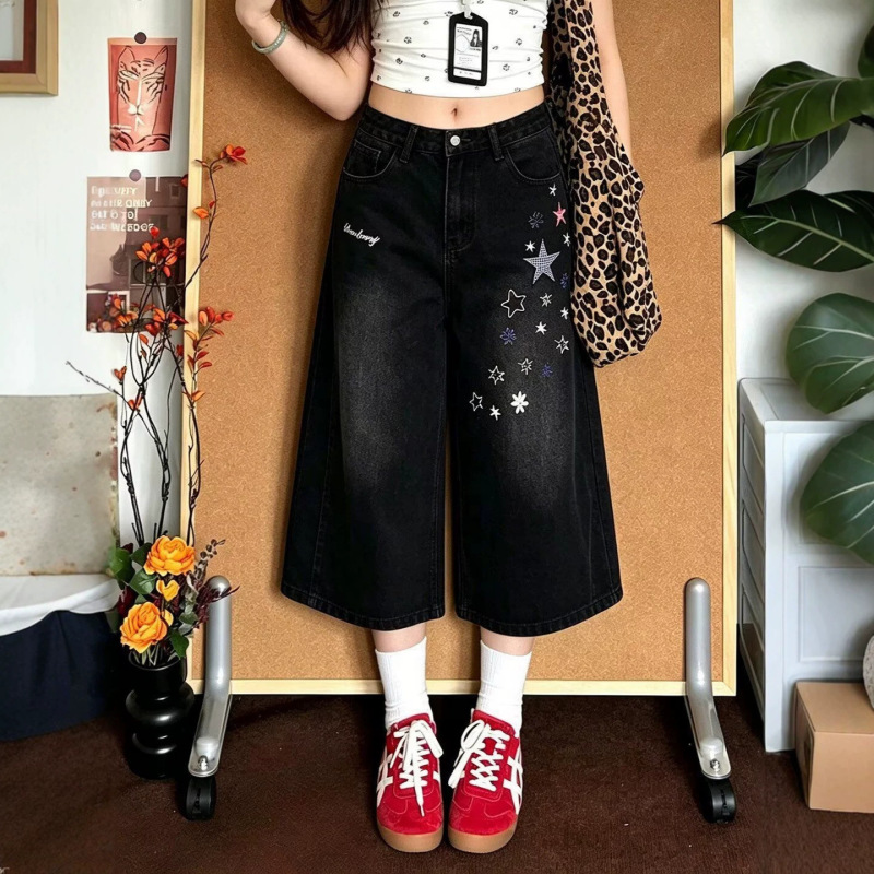 American-Style Star Print Denim Capri Pants for Women, Summer Thin Loose Wide-Leg Capri Pants, Slimming 7/8 Pants for Girls American-Style Star Print Denim Capri Pants for Women, Summer Thin Loose Wide-Leg Capri Pants, Slimming 7/8 Pants for Girls