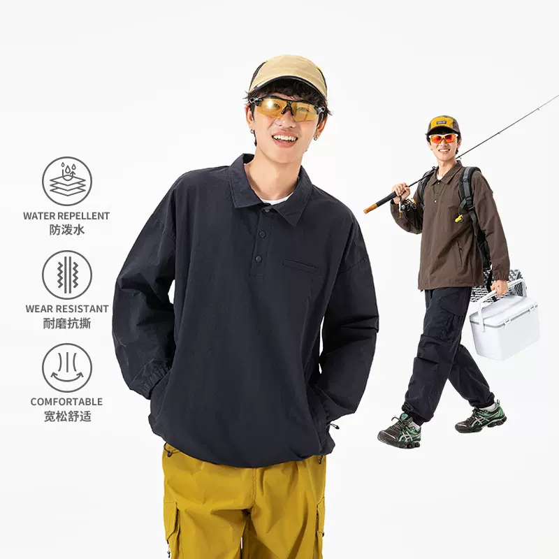 IZEXX潮牌户外运动Polo衫长袖T恤半开纽扣工装宽松百搭情侣款上衣