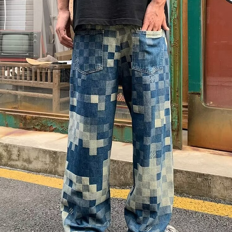 Herrenbekleidung Hochwertige Mosaik Schachbrett Jeans Herren Leicht Luxus Straight Street Trend Casual_voghion.com