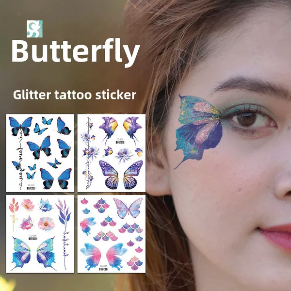 Ruikalong Cross-border Waterproof Glitter Butterfly Tattoo Sticker Advanced Music Festival Makeup Sticker Children's Face Sticker