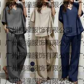 现货跨境热卖套装日系V领五分袖纯色上衣+有口袋阔腿裤两件套套装