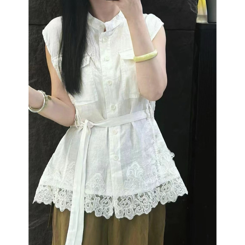 Pure Linen Sleeveless Shirt for Women, Summer Stand-Up Collar Workwear with Pockets, Waist Tie, Lace Splicing Hem, Mid-Length Style