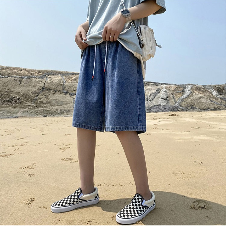 Blue Denim Shorts Men's Loose Straight Summer Thin Five-Point Pants Korean Style Trendy Slim Stretch Casual Mid-Pants