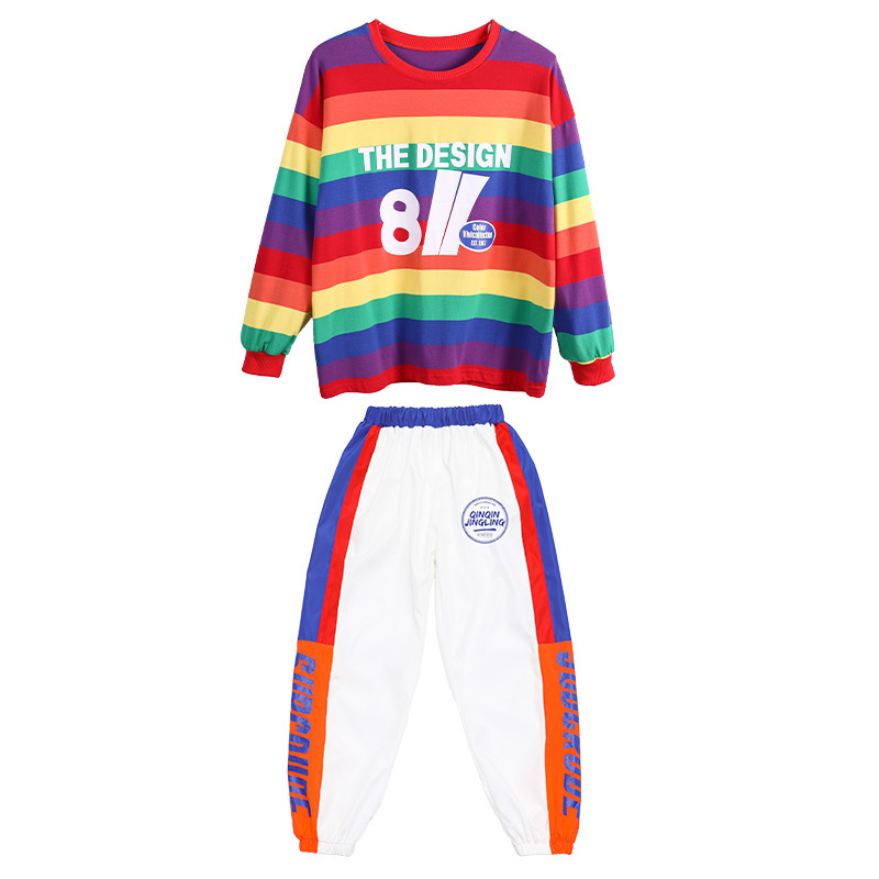 Children boys girls rainbow striped hiphop street dance outfits