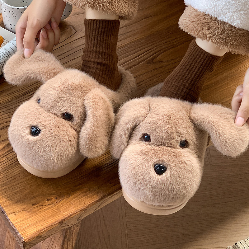 Zapatillas de lana de invierno para mujeres domésticas de dibujos animados para cachorros gruesos de peluche calentamiento antideslizante zapatillas de algodón grueso