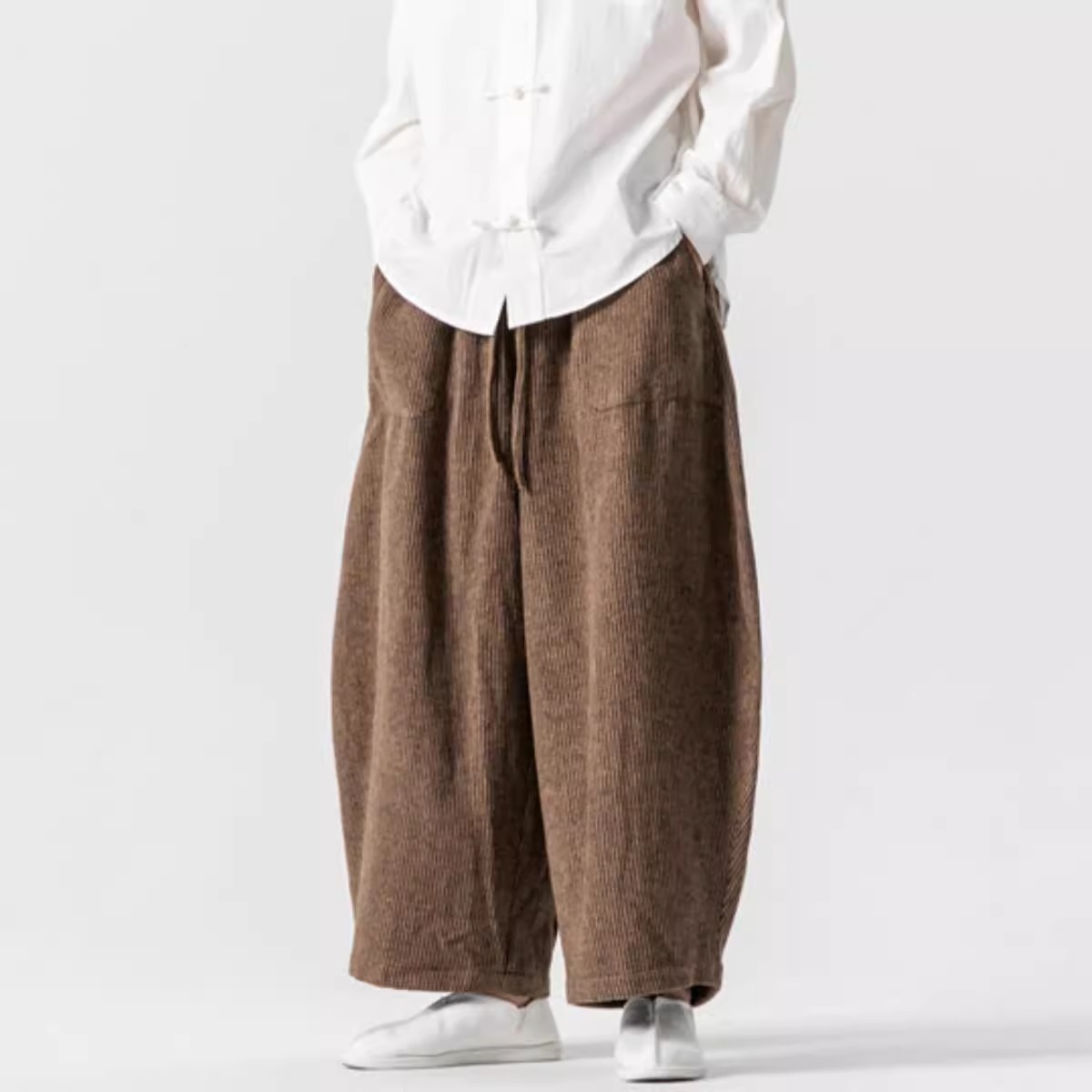 2024冬季新款中国风厚毛呢休闲裤日系男士复古宽松大码直筒阔腿裤