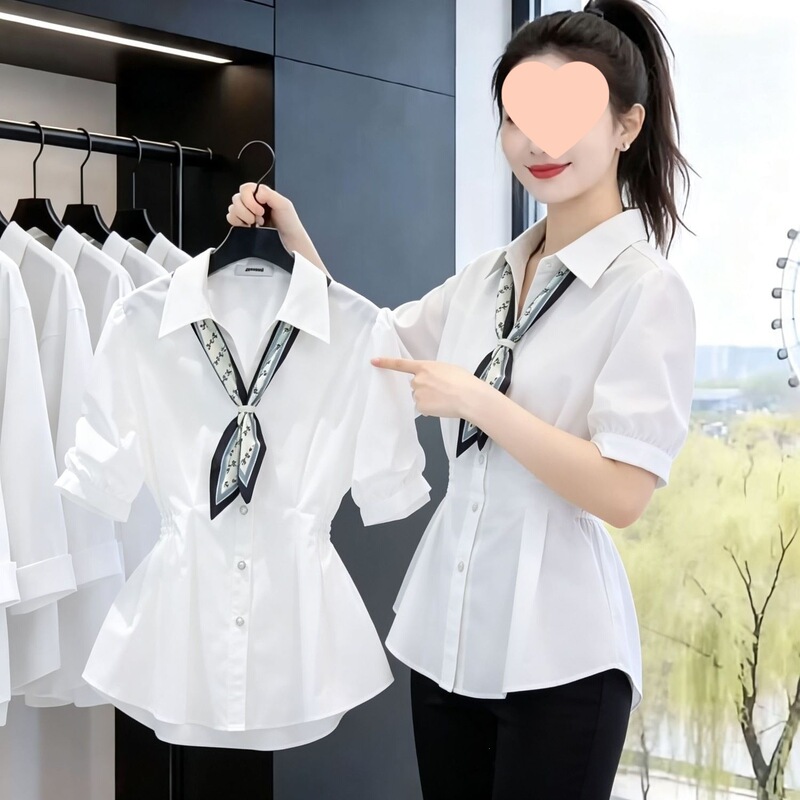 Light luxury white collared shirt top, 2026 summer new fashion short-sleeve slim-fit plus-size women's shirt Light luxury white collared shirt top, 2026 summer new fashion short-sleeve slim-fit plus-size women's shirt