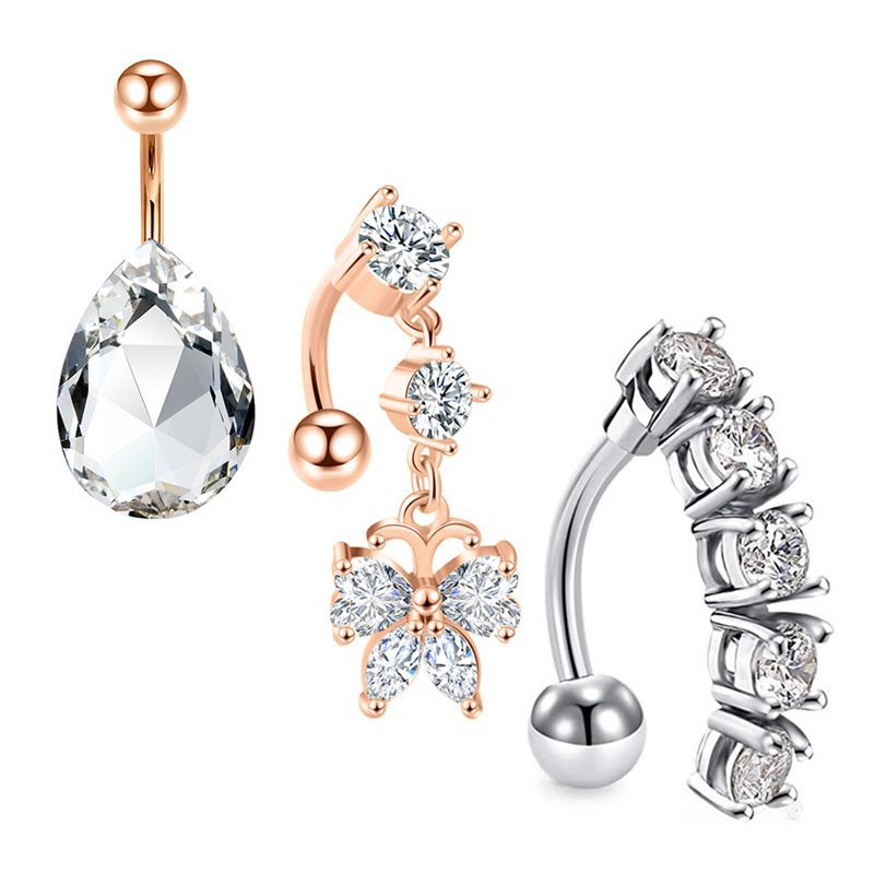 Exquisite AB Color Navel Zircon Ring Soft Pot Ball Belly Ring 3-Piece Set Stainless Steel detail image 13