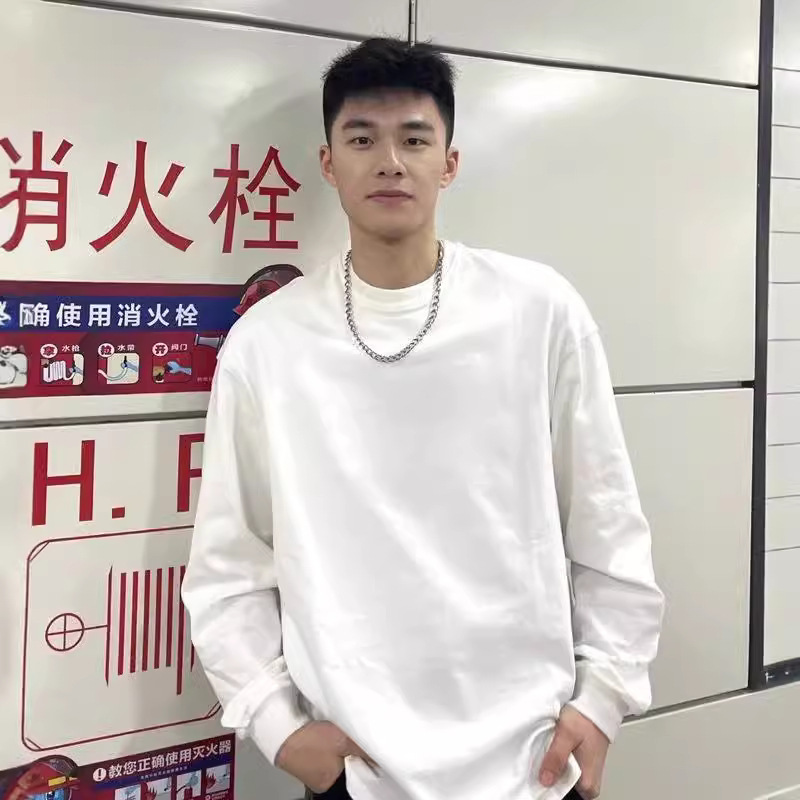 Heavy 260g cotton long sleeve T-shirt men's spring and autumn and winter round neck pure white casual loose sweater base shirt T