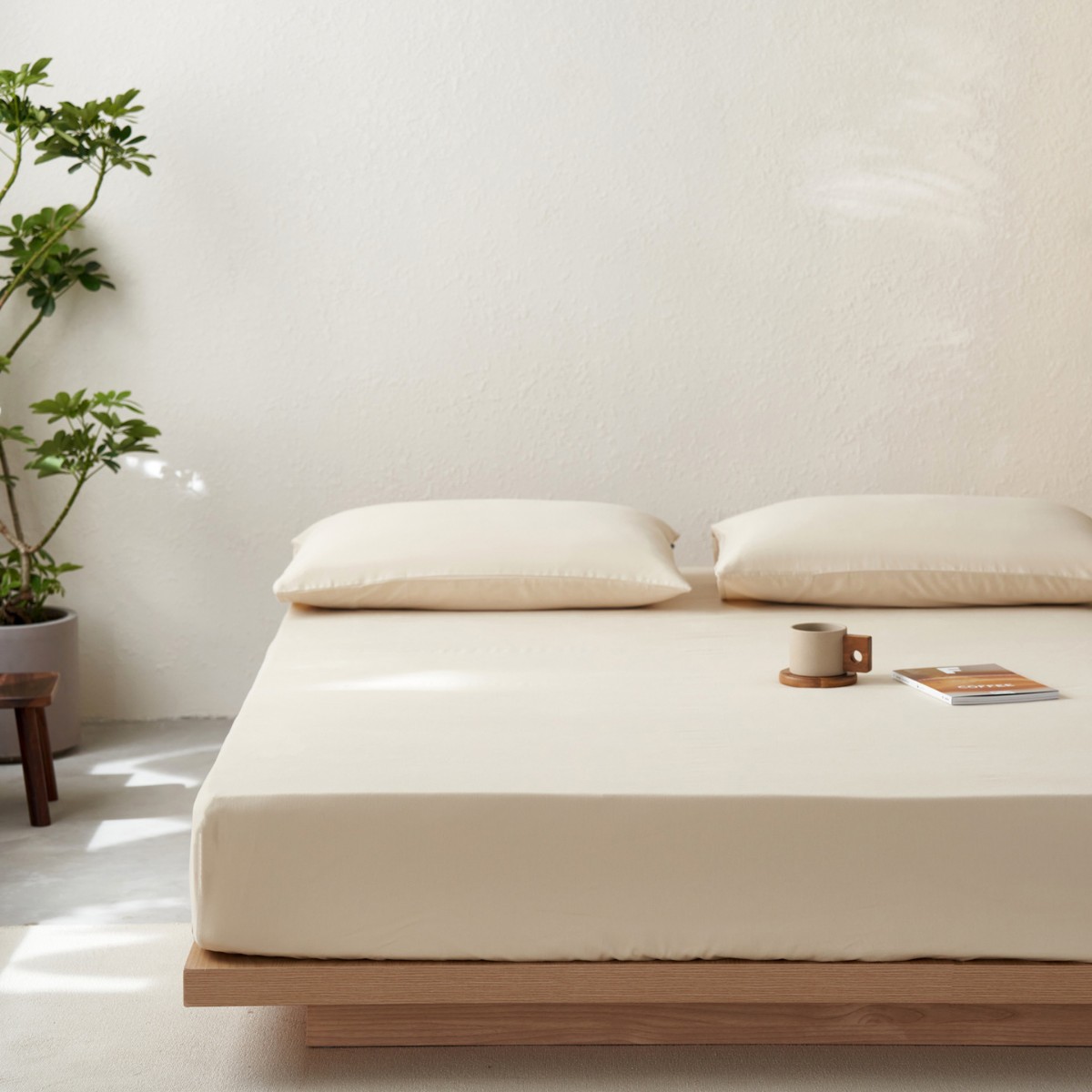 Juego de Ropa de Cama de Algodón Cepillado de Color Sólido, Estilo Japonés, Color Crema, Sábanas Ajustables de Algodón Puro, Juego de Tres Piezas.