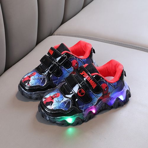 Spider-Man Light Up Shoes  Spring and Autumn Leather Luminous Boys' Sports Shoes Small and Medium-sized Boys' Shoes Foreign Trade Trend