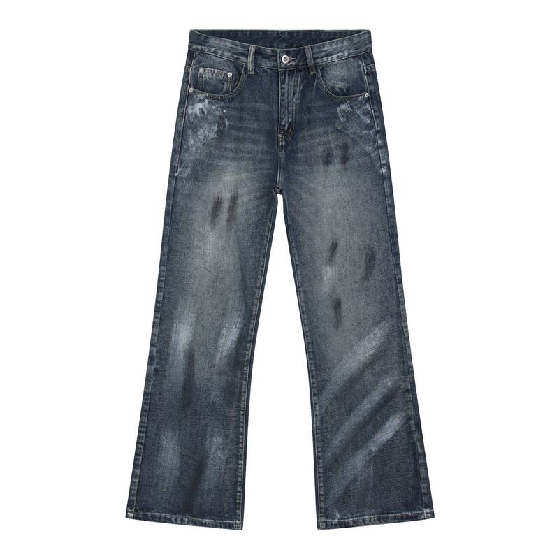 Quần jeans nam ống loe nhẹ dáng suông, họa tiết graffiti phun sơn phong cách đường phố — Màu xanh dương
