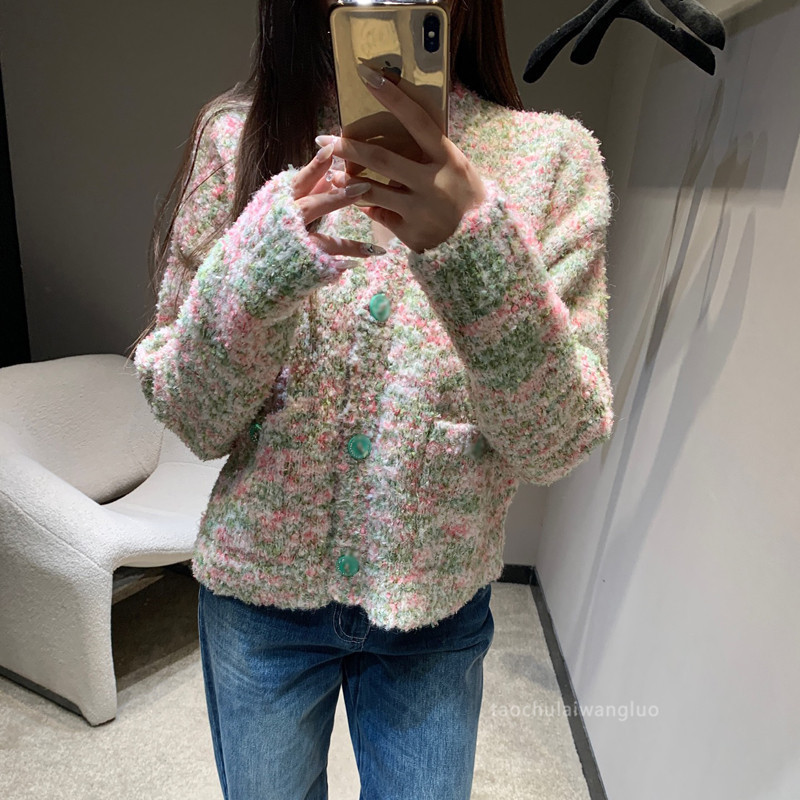 粉绿混织V领针织衫 甜美少女风时尚百搭长袖开衫秋冬 ZW65129