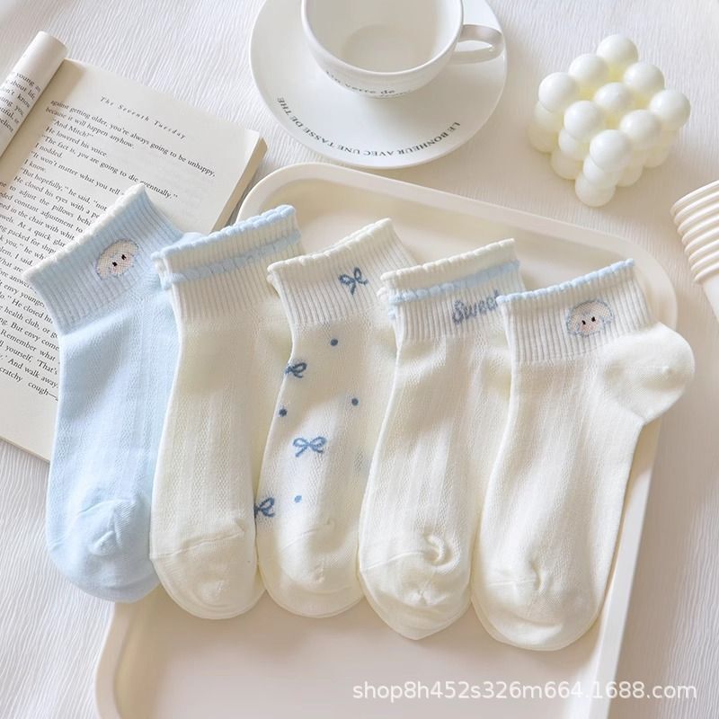 Blue Puppy Short Socks for Women, Summer Thin Breathable Student Sweet Style Girl Socks, Versatile Sweat-Absorbing Cartoon Ankle Socks