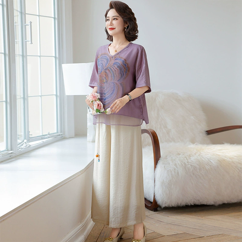 Летний комплект для мамы, для пожилых, городской стиль, прилегающий крой, для среднего возраста