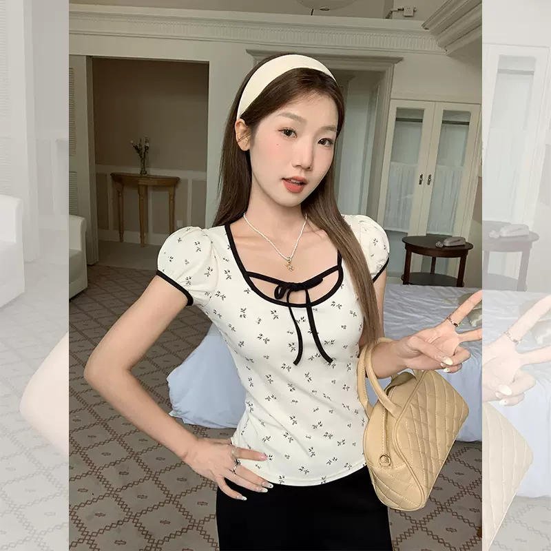 纯欲U领系带小碎花短袖女正肩t恤夏季新款修身绝美减龄高级感上衣