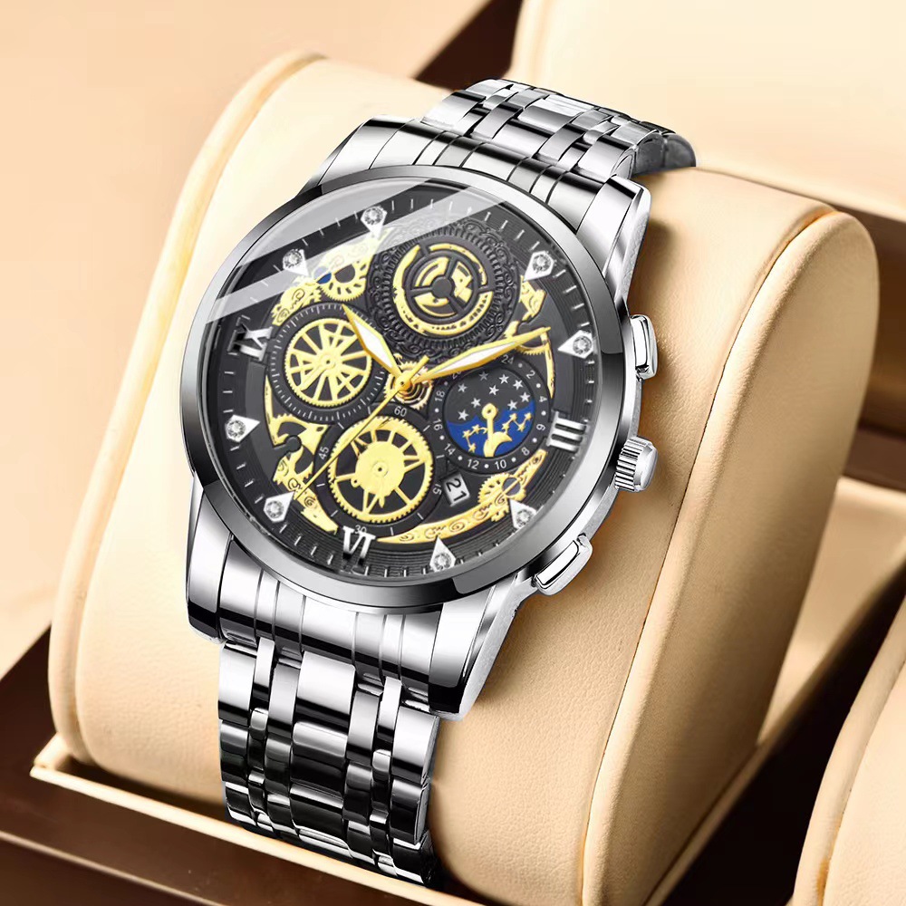 Tuhao Gold Men's Watch impermeable calendario luminoso moda Comercio exterior transfronterizo Piel de camarón incrustada en diamantes TikTok entrega rápida de una pieza