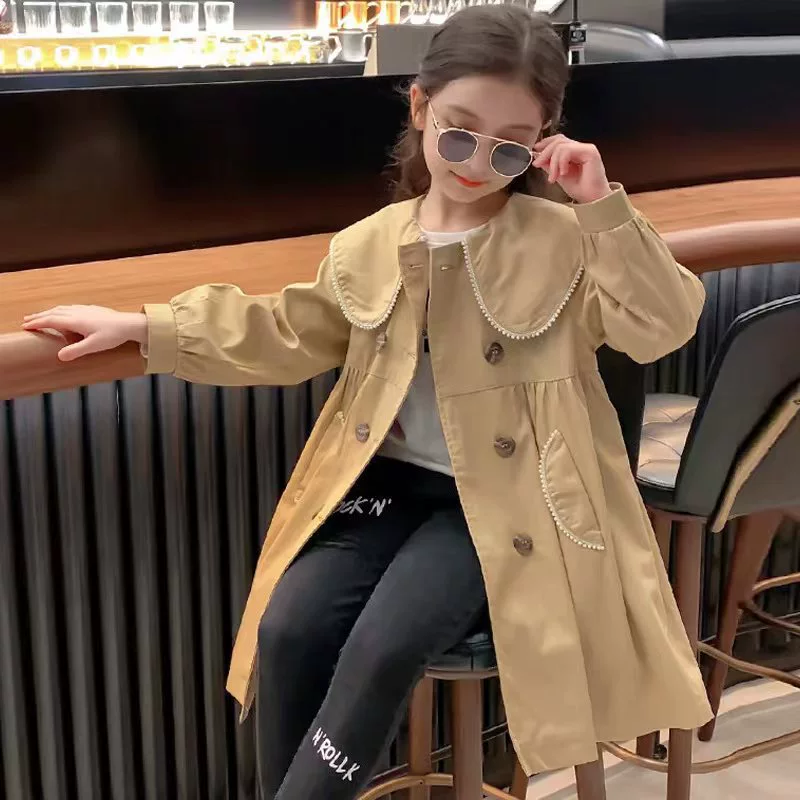 Весенне-осенний тренчкот в британском стиле для девочек, повседневная хлопковая куртка с длинными рукавами и стильным дизайном для девочек.