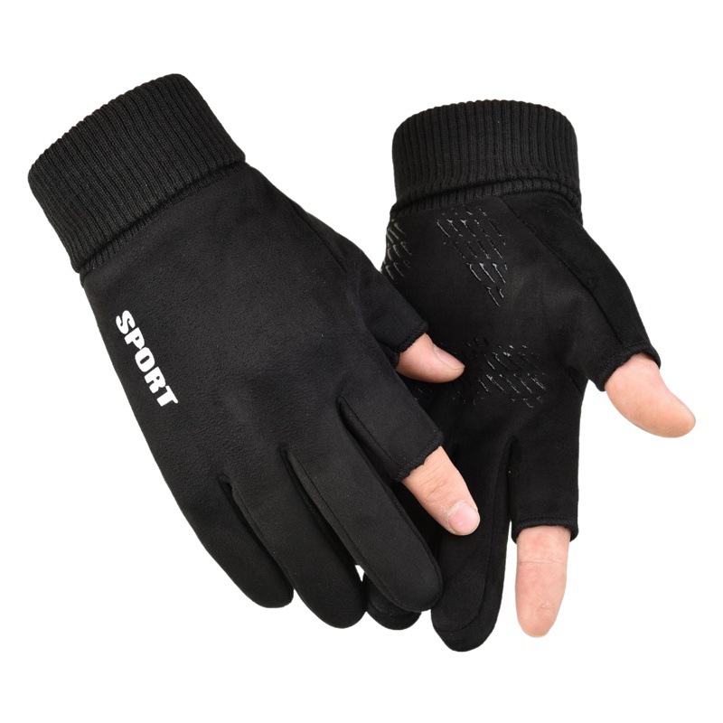 Autumn and Winter Suede Fleece-lined Warm Finger Gloves Outdoor Riding and Driving Non-slip Windproof Touch Screen Gloves