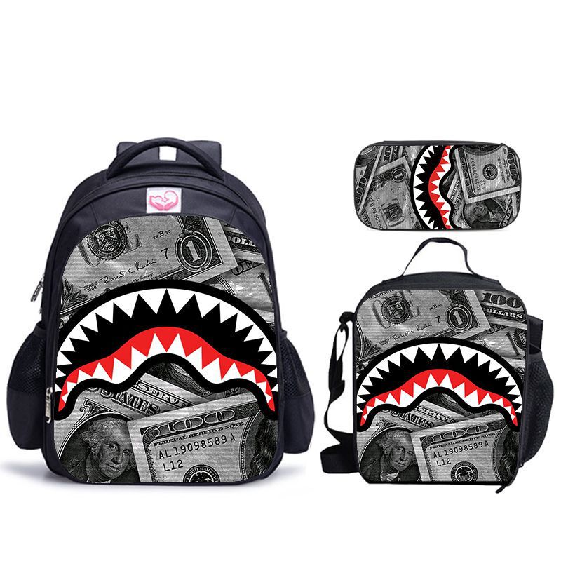 Retro Dollar Bill Graffiti Shark Mouth School Bag, Lunch Bag, Pencil Case Three-Piece Set, Large Capacity Trendy Backpack Set Retro Dollar Bill Graffiti Shark Mouth School Bag, Lunch Bag, Pencil Case Three-Piece Set, Large Capacity Trendy Backpack Set