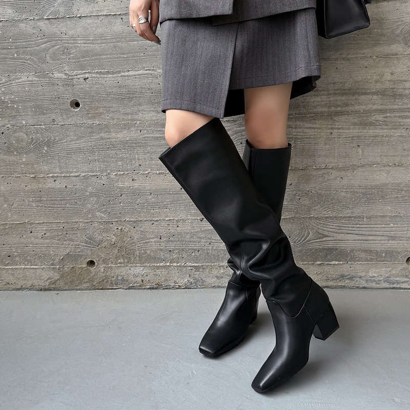 Demi-season leather fashionable black high boots square toe heels