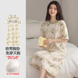 【带胸垫】春秋新款纯棉女短袖睡裙印花休闲女家居服图片色圆领