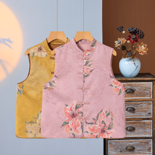 National Style Chinese Vintage Jacquard Printed Vest Spring New Style Vertical Collar Buckle Fashion Waistcoat Vest for Outer Wear