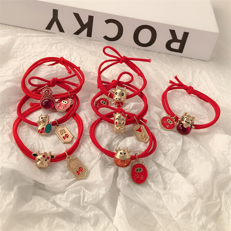 Fiesta de Año Nuevo de metal rojo elástico cuerda de cabeza de cabello de arco elástico de cabello de alta cola de caballo adornos de cabello