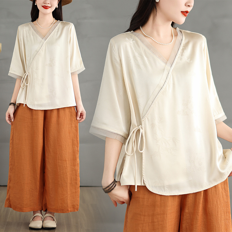 Real shot in stock acetate satin top Tang suit women's Hanfu Zen plus size high quality this year popular beautiful shirt