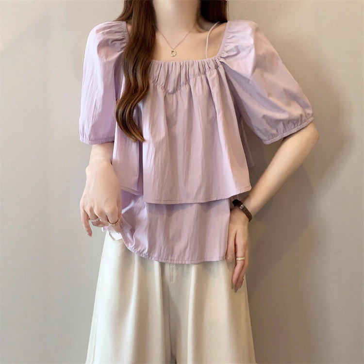 Purple Square Neck Right Shoulder Puff Sleeve Short-Sleeved Shirt for Women 2025 Summer Large Size Fat mm Baby Doll One-Shoulder Top