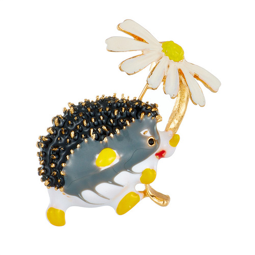 Niche personality design, cute and interesting animal dripping oil painting enamel accessories metal flower small hedgehog brooch