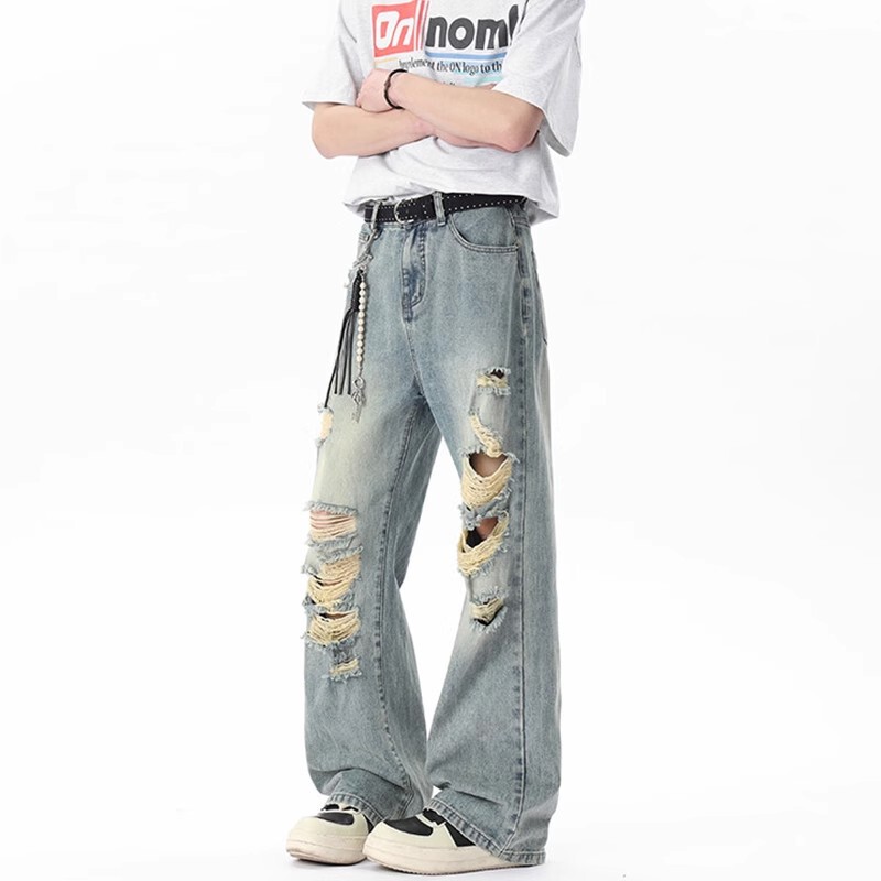 Summer Thin Ripped Jeans Men's American Style High Street Vibe Style Design Sense Niche Loose Retro Destruction Pants