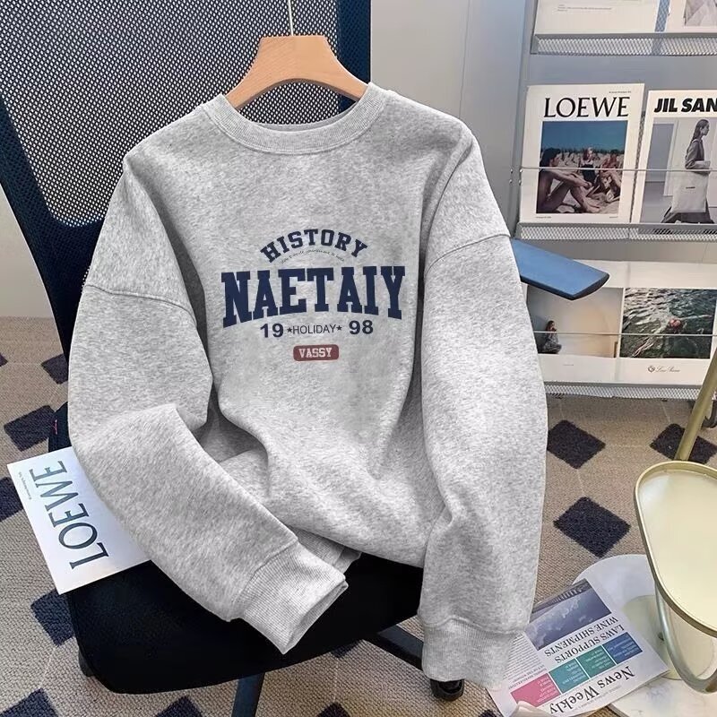 Men's Round Neck Sweatshirt Autumn and Winter New American Fashion Brand Letter Printing Sports Casual Hoodless Long Sleeves Fleece-Lined and Thickeneding