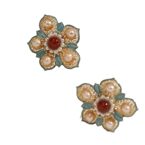 Tang Ming Style Floral Brocade Hanfu Hair Accessories, Simple and Elegant, High-end Sense, Pearl Retro Blue, Five-Star Floral Hairpins and Hairpins