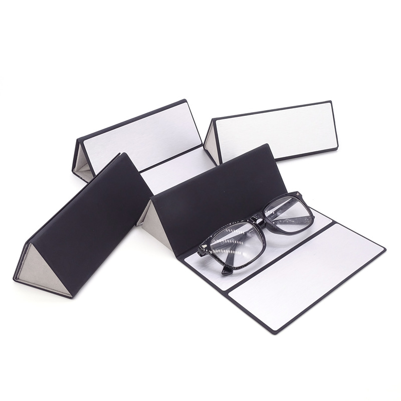Wholesale handmade folding sunglasses box black pu portable myopia triangle glasses box high value brushed aluminum plate