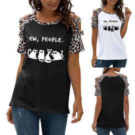 亚马逊速卖通 欧美女装圆领印猫印字母拼接豹纹休闲镂空短袖T恤