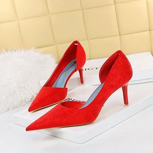 6168-A1 European and American Fashion Sexy Slim Heel High Heel Shallow Mouth Pointed Cloth Side Hollow Women&apos;s Shoe
