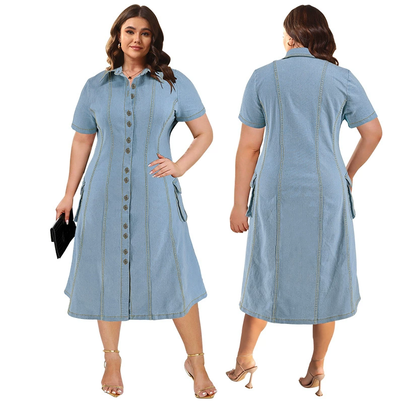 218503 Трансграничное женское джинсовое платье больших размеров с лацканами и короткими рукавами на пуговицах, карманное платье, прямая продажа с фабрики