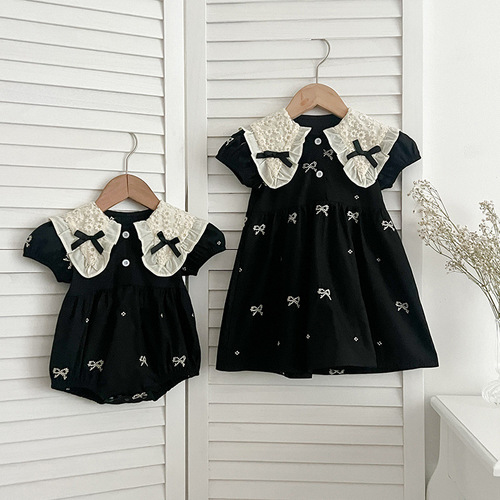 Korean version girls' summer short-sleeve infant onesie with butterfly collar, embroidered dress for little girls, sister set