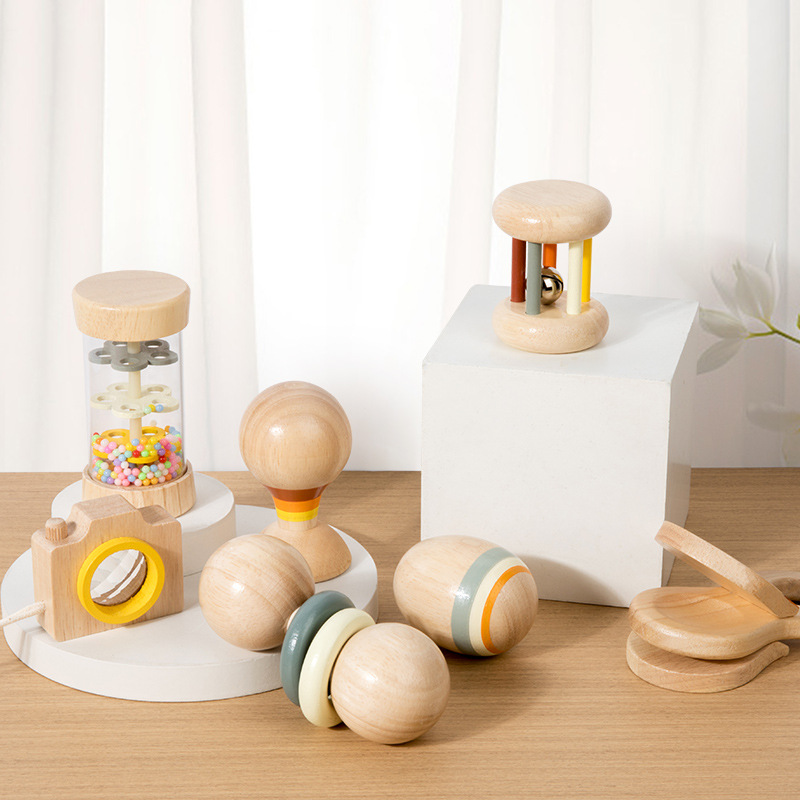 Regalo de cumpleaños para recién nacidos de madera, sonajero de mano de color, educación temprana Montessori, agarre, entrenamiento audiovisual, juguete calmante
