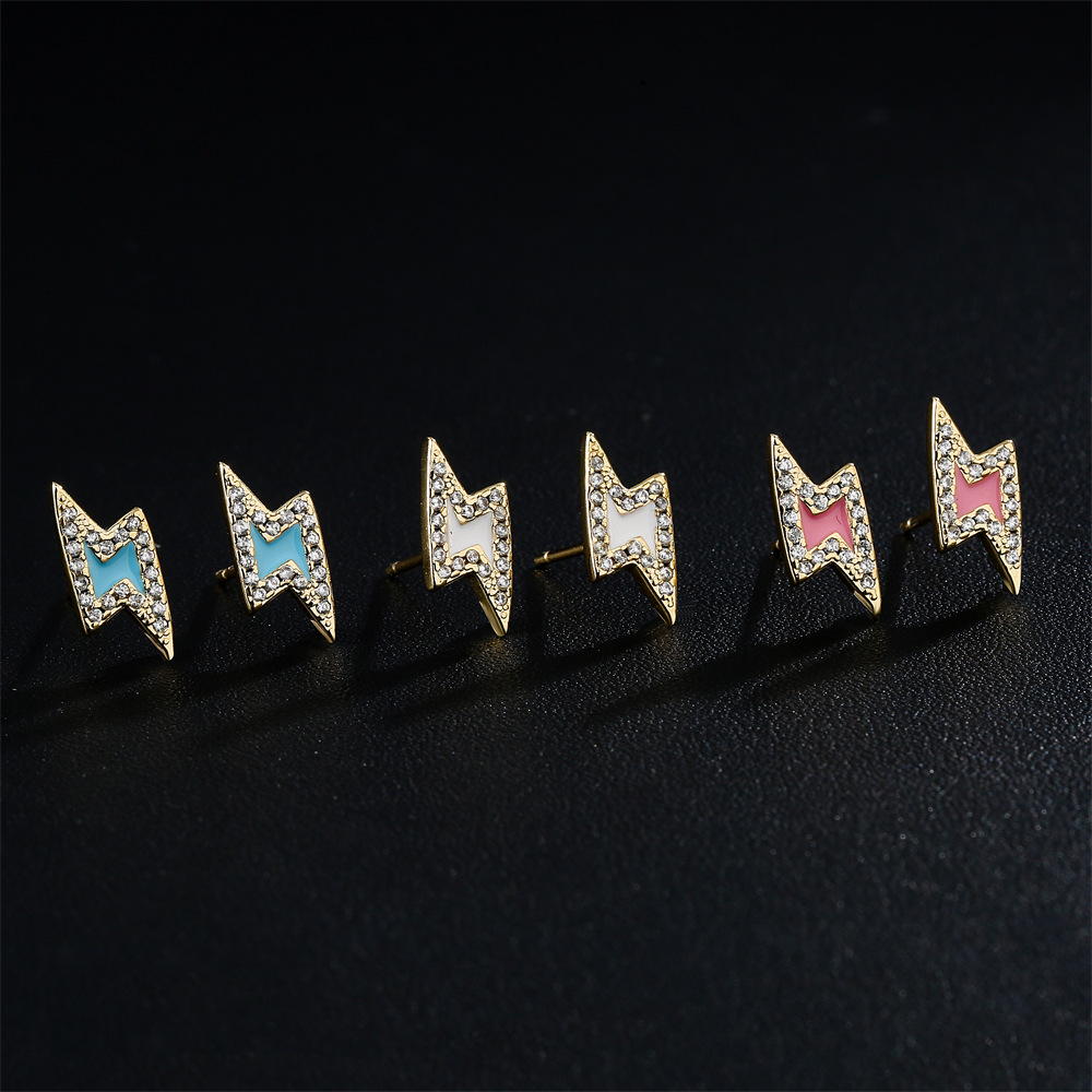 Fashion oil drop copper plated 18K gold microset zircon lightning stud earrings female newpicture4