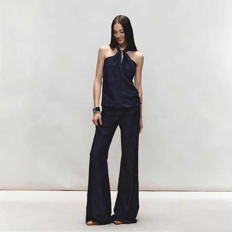Designer Denim Blue Hollow-Out Halter Neck Niche Camisole Top with Stylish Flared Drapey Long Pants Set for Women in Summer Designer Denim Blue Hollow-Out Halter Neck Niche Camisole Top with Stylish Flared Drapey Long Pants Set for Women in Summer
