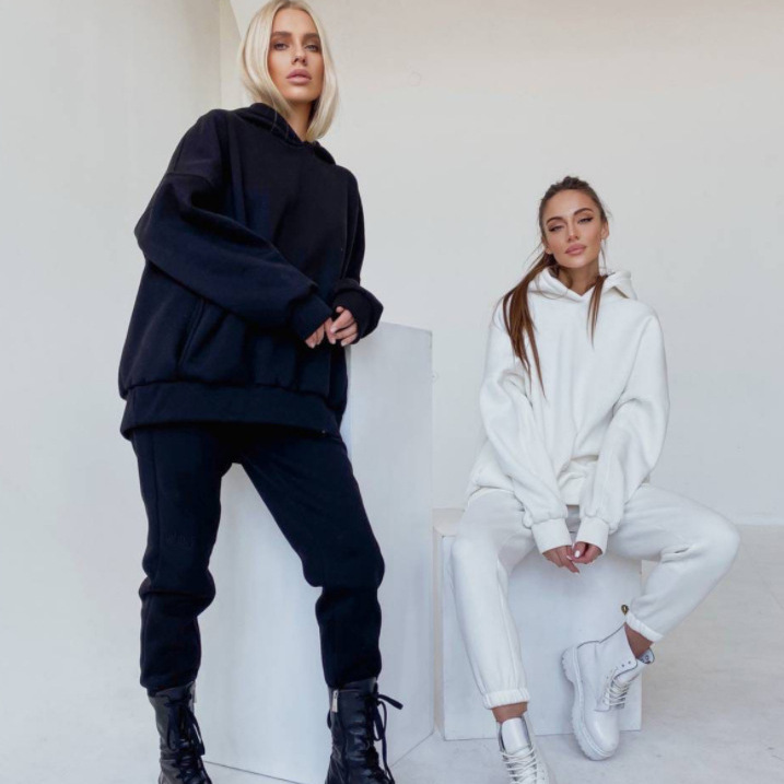 Women's Clothing Women's Hooded Sweatshirt Two-Piece Set Fleece-Lined Pullover & Joggers Casual Outfit In White Black Brown Beige S M L XL_voghion.com