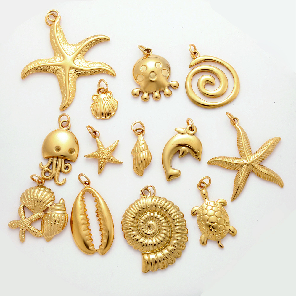 1g Weight 1 Piece 304 Stainless Steel PVD Coated Real Gold Plated Tortoise Starfish Conch Polished Pendant DIY Jewelry Accessories