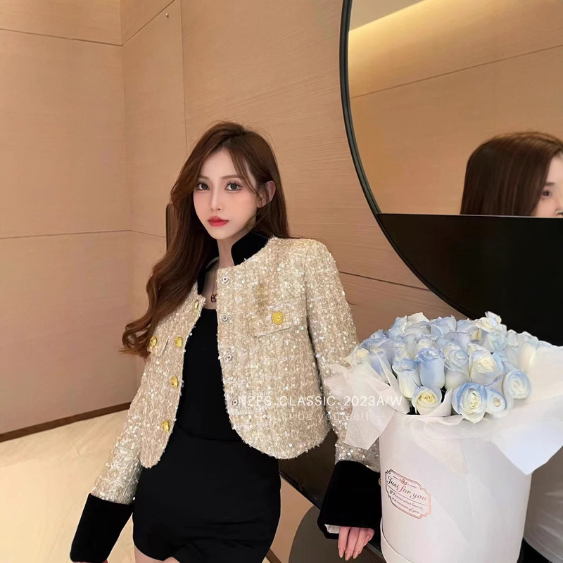 Tweed Woven Short Jacket for Women 2023 Autumn Color-Blocked Metal Button Cardigan Top in Chanel Style for Spring and Autumn
