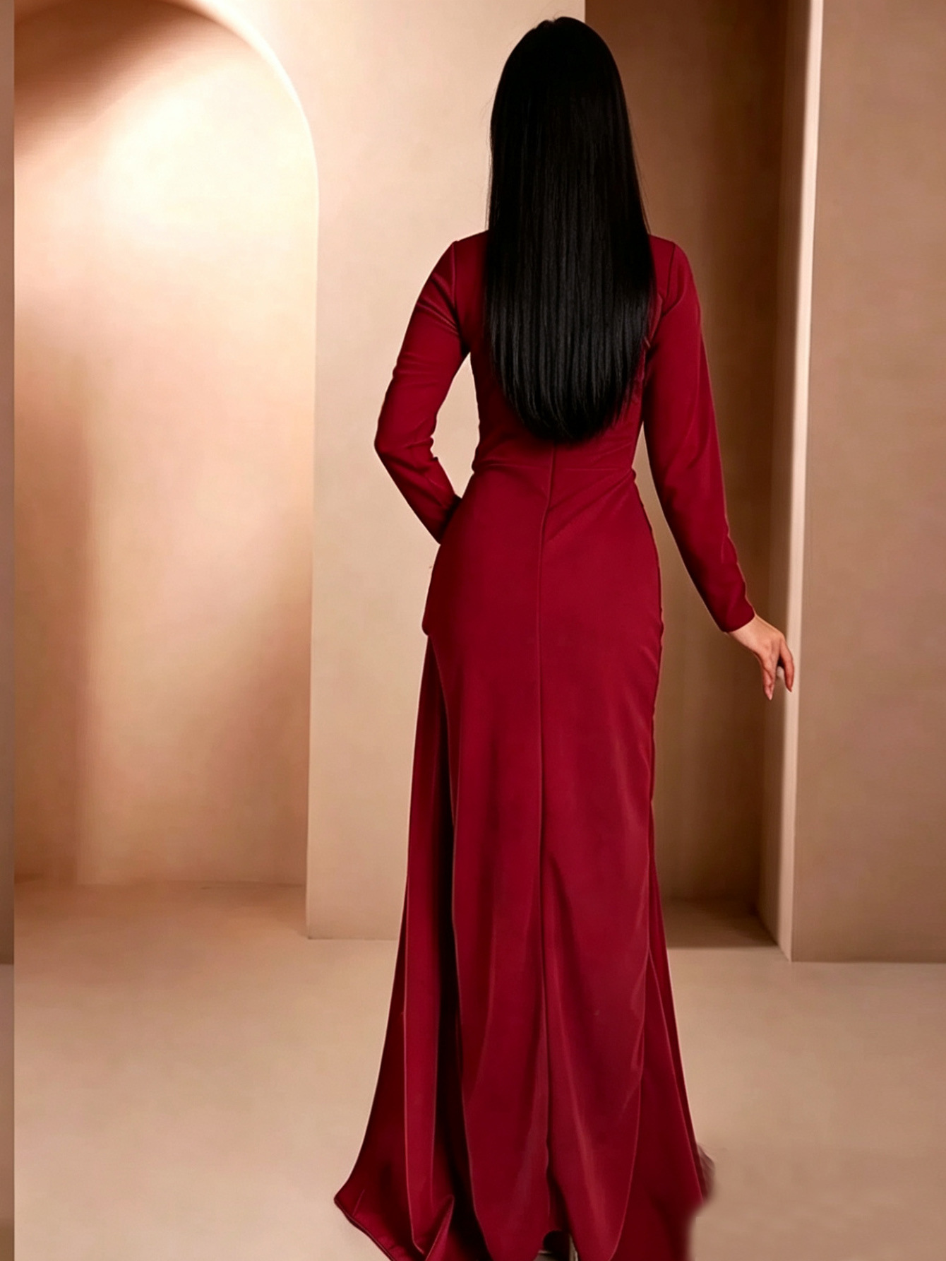 877W transfronterizo de moda europea y americana cuello redondo mangas largas de cintura correa temperamento delgado vestido de alfombra roja larga