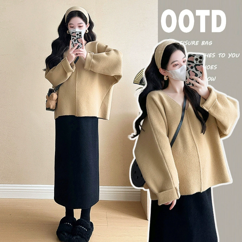 Набор для беременных 2024 осень-зима новый корейский темперамент V-образный вырез свободный большой размер шерсти толстый топ юбка