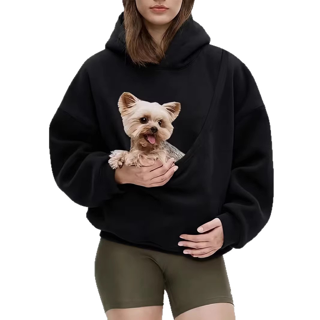 Women's Casual Loose Pullover Hooded Sweatshirt Solid Color Pet Bib Design Early Spring Fashion_voghion.com