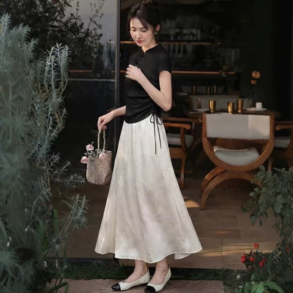 Váy chữ A dài nữ phong cách quốc gia màu trắng gạo — màu mơ chi tiết 4