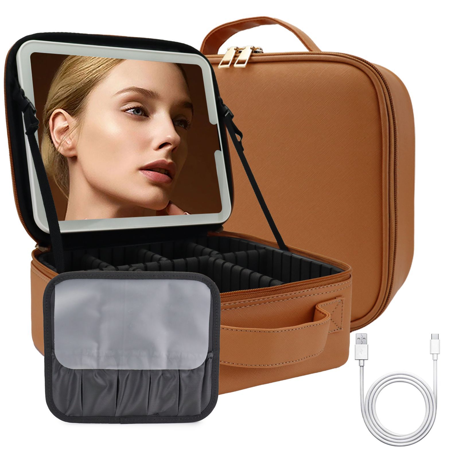 Bolsa de cosméticos de viaje LED premium con espejo para mujer caja de pinceles de maquillaje portátil de gran capacidad bolsa de belleza de partición portátil